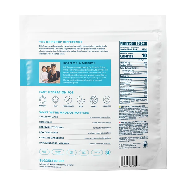 DripDrop Zero Sugar Electrolyte Drink Mix, 40 Servings