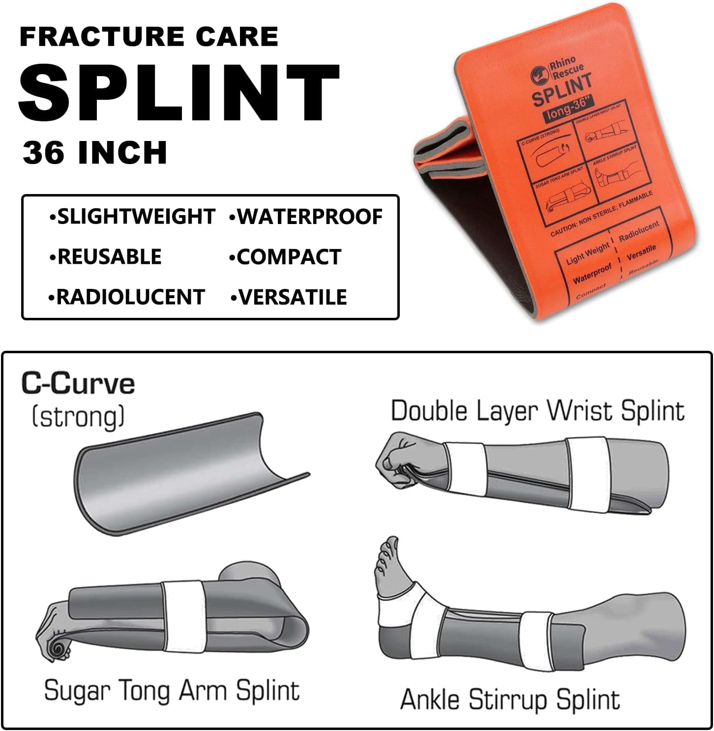RHINO RESCUE Multi-Size First Aid Splint Set - 36/18/9 Inch & Finger, 4-Pack for Fractures