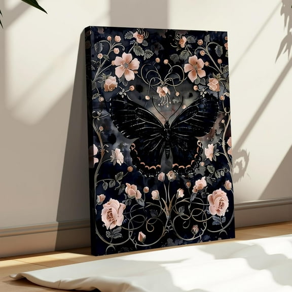 Aaheei Black Butterfly with Pink Flowers Bedroom Canvas Wall Art, Vintage Gothic Posters Aesthetic Painting Prints for Bathroom Living Room Decor, Dark and Moody Retro Wall Art Pictures