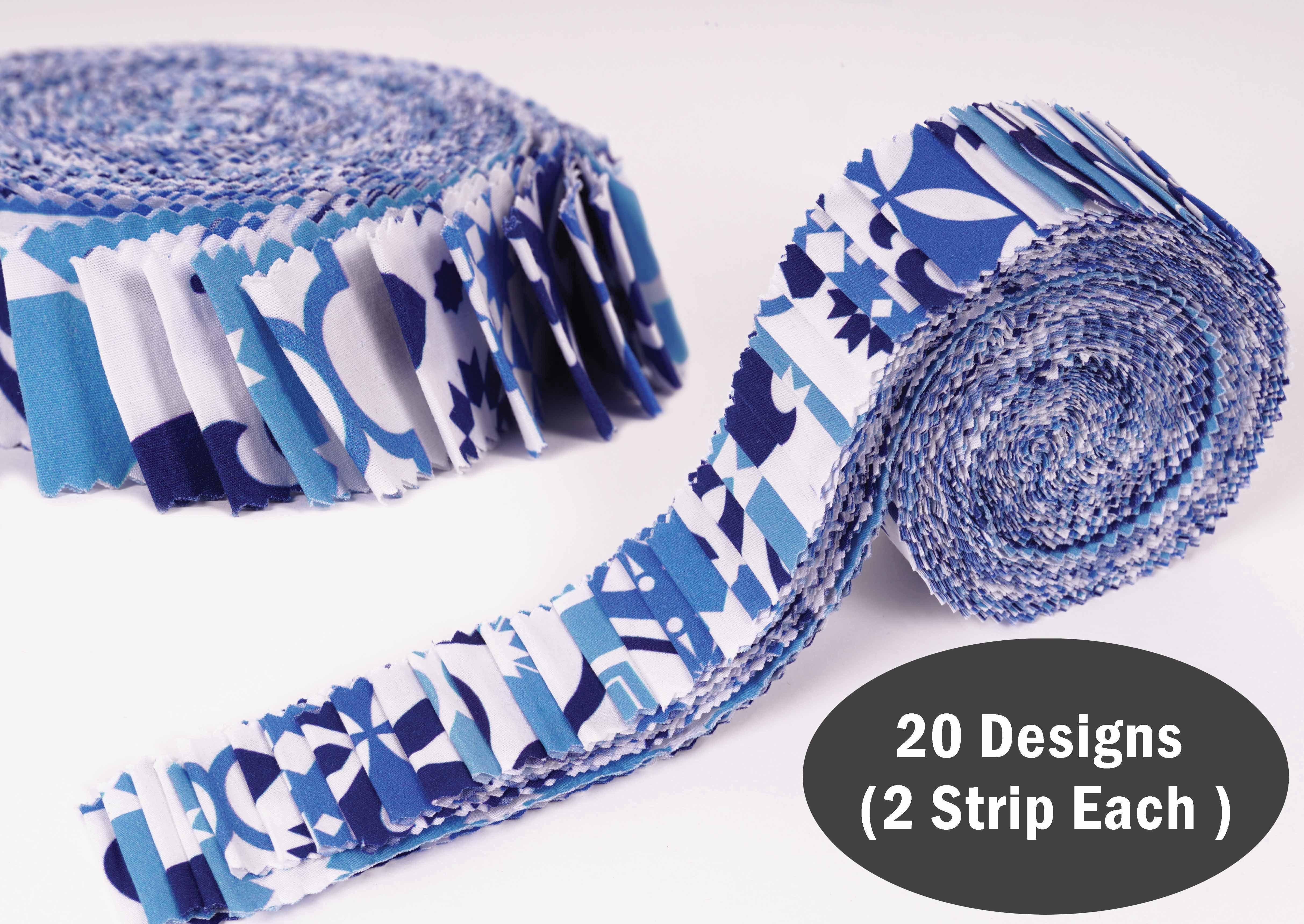 Soimoi 40Pcs Mosaic Print Precut Fabrics Strips Roll Up 1.5x42inches Cotton Jelly Rolls For Quilting - Medium Blue