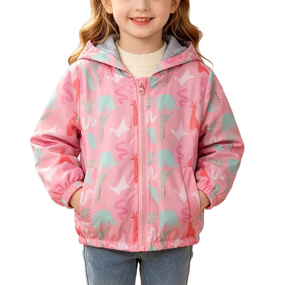 ITSAME Girls Hooded Jacket Full Zip Cartoon Print Long Sleeve Windproof Outerwear Casual Coat with Pockets Pink Size 4T