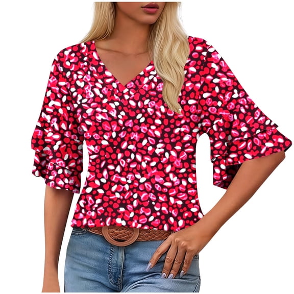 Fewfanhot Womens T Shirts V Neck Tunics Ruffle Sleeve Tops Blouses for Women Dressy Casual