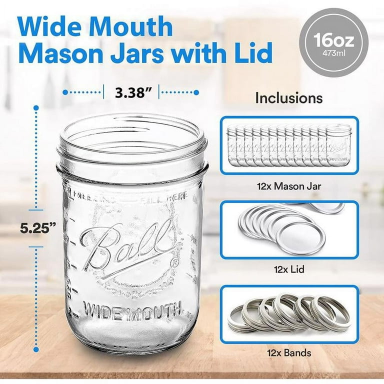 Ball, Glass Mason Jars with Lids & Bands, Wide Mouth, Clear, 16 oz, 12  Count 