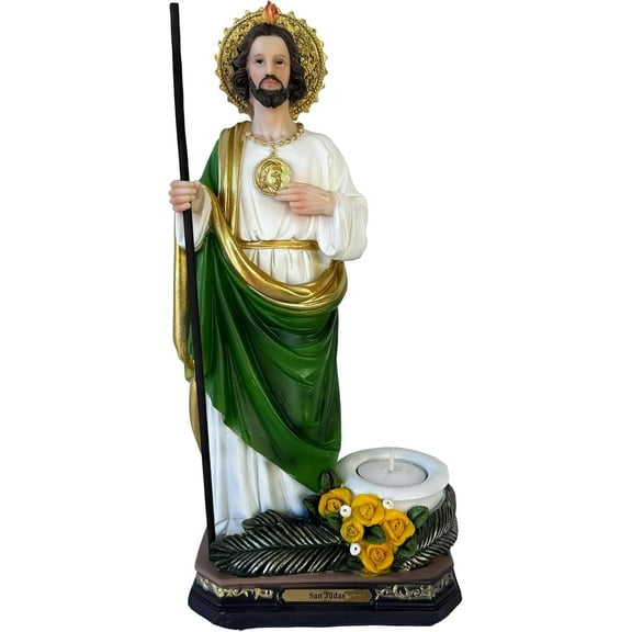 San Judas Tadeo Statue with Candle 12" – Patron Saint of Hopeless Causes – Resin Religious Figurine – Catholic Home Decor – Inspirational Gift for Faith, Prayer, Healing – Feast Day Oct 28