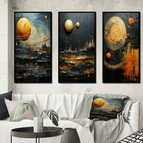 Designart "Saturn s Sonata Neptune in Yellow and Black III" Neptune Framed Wall Art Set Of 3 - Yellow Neptune Frame Gallery Wall Set For Home Decor