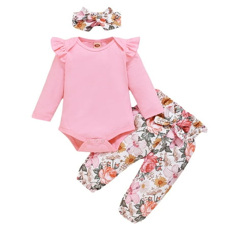 

NZRVAWS Baby Girls Outfits 3 Months Baby Girls Solid Color 6 Months Baby Girls Romper Top Floral Print Pants Headband 3Pcs Winter Clothes Set Pink