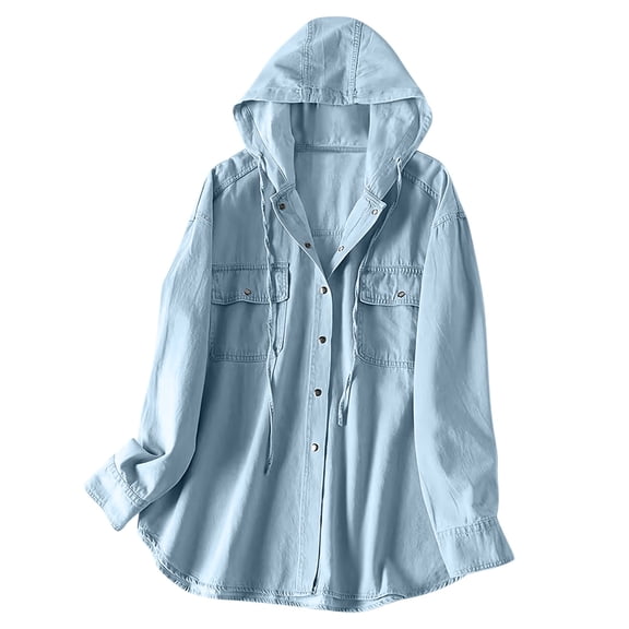 Admvng Womens Hooded Denim Shirt Jacket Long Sleeve Chest Pockets Button Solid Lightweight Jean Shacket Casual Fall Outerwear