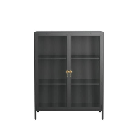 Benoite 40.04-inch Black Two Door Metal Storage Cabinet with Fluted Clear Doors and Gold Handles