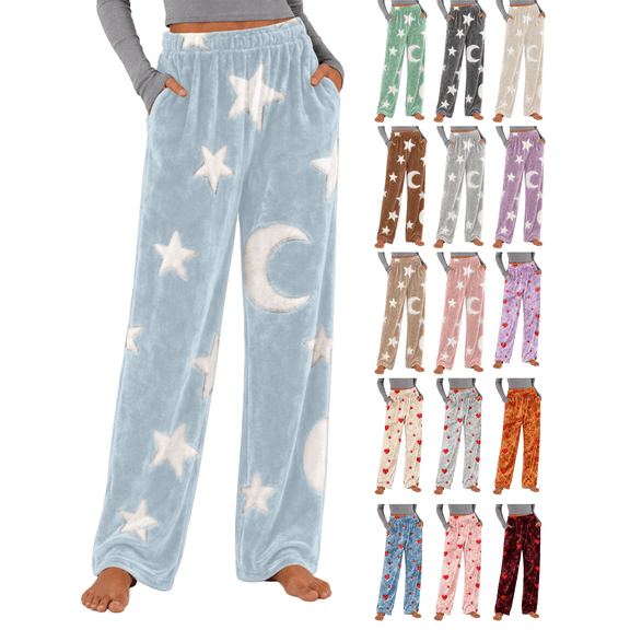 XUNKUSGA Womens Pajama Pants Soft Flannel Plush Fuzzy Wide Leg Pj Bottoms Fashion Print Soft Women's Sleepwear Comfy Warm Pajama Trousers with Pockets S
