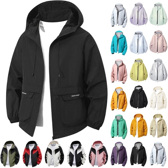 QATAINLAV Mens Hooded Rain Jacket Casual Zip up Waterproof Raincoat Lightweight Loose Fit Fall Windbreaker Jackets with Pockets Beige,L
