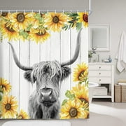 Funny Highland Cow Shower Curtain, Sunflower on Barn Wood Country Style Shower Curtains for Bathroom, Farmhouse Cattle Bull Farm Animal Rustic Wooden Fabric Restroom Decor Accessories with Hooks,72X72
