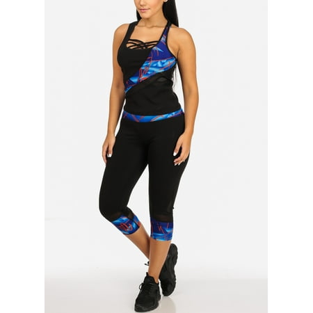 Womens Juniors Activewear Orange And Blue Mesh Detail Sleeveless Top And High Rise Leggings (2PCE SET) (Best Way To Wear High Tops)