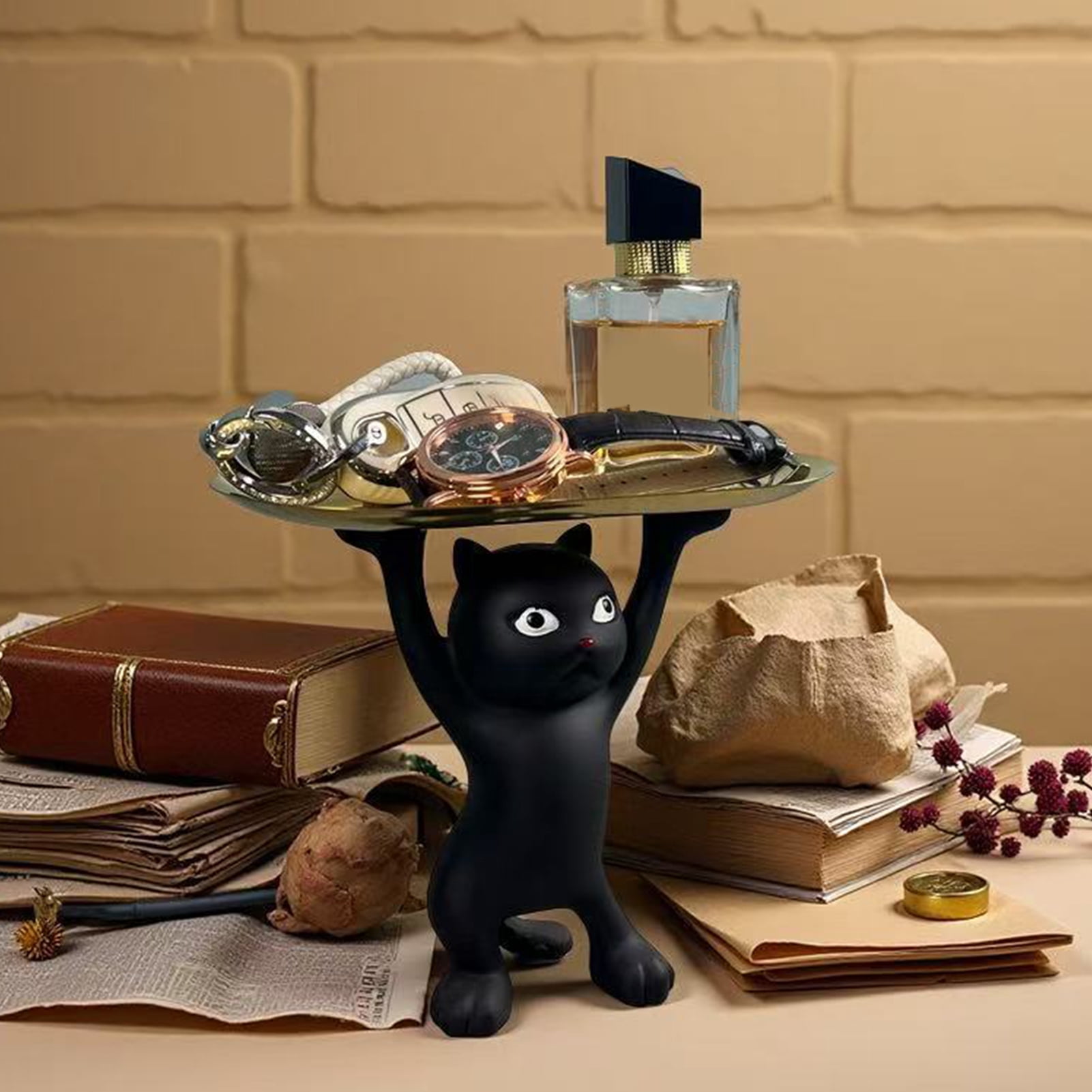 OIUR Cartoon Cat Key Storage Tray Resin Standing Cat Figurine Statue with Tray Multi-purpose Jewelry Trinket Holder Organizer Decoration