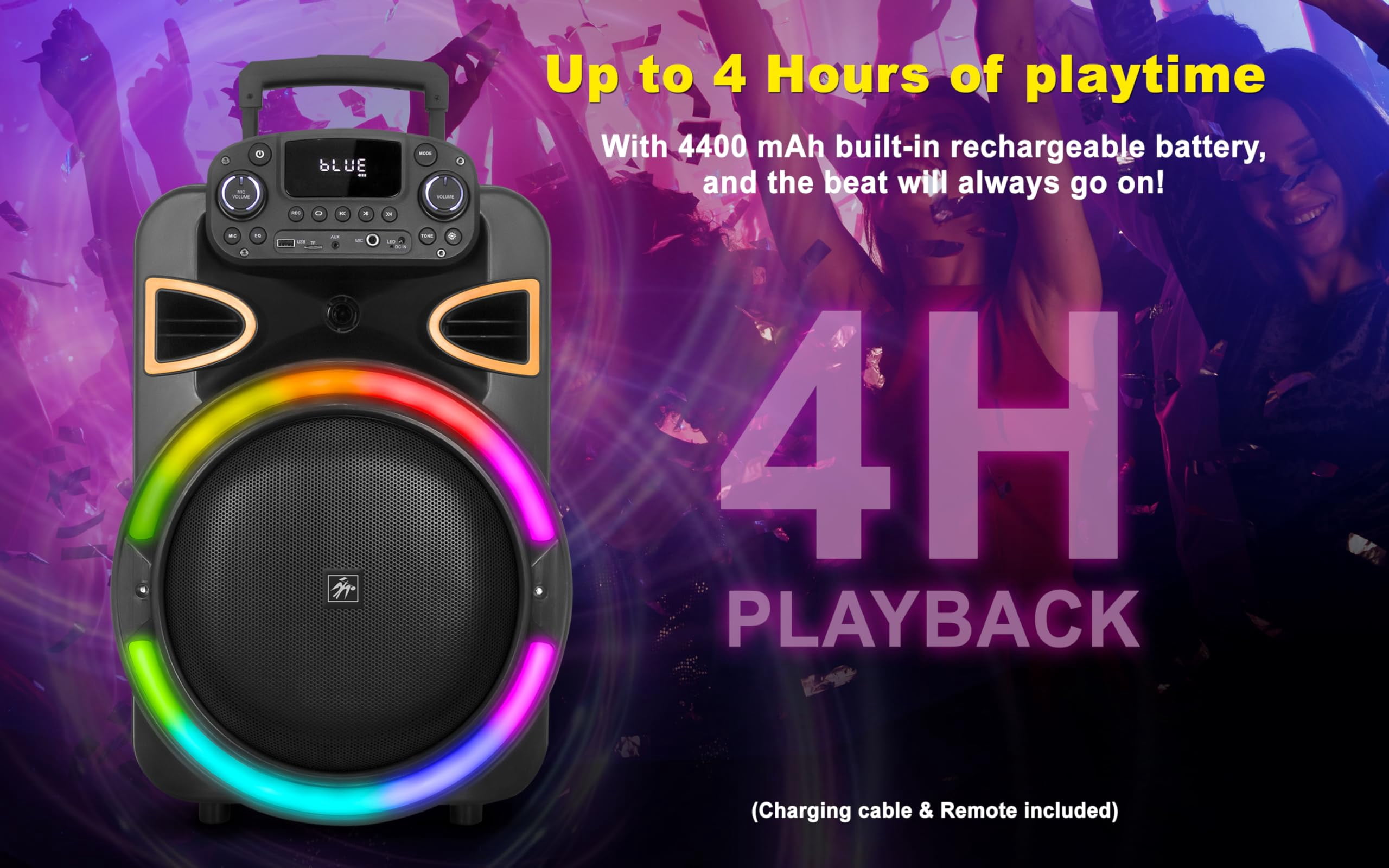 Fisher Portable Bluetooth Wireless Speaker System: 15" Subwoofer 80W Peak Power Loud HD Deep Bass Sound|LED Lights|Rechargeable|Karaoke|Remote|TWS Pairing|USB Port|TF|AUX|FM Radio|MIC Input|Equalizer