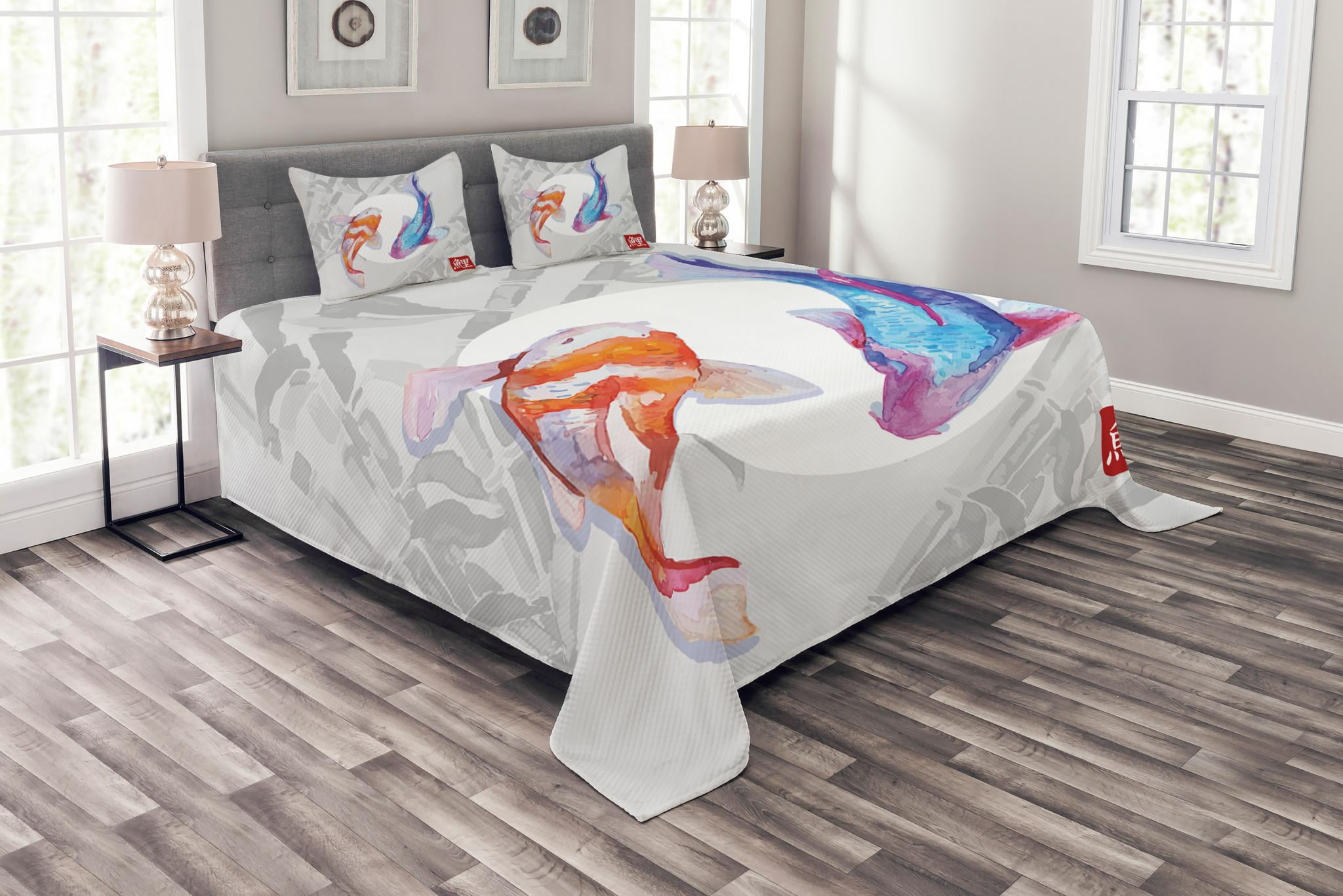 Koi Fish Bedspread Set Queen Size, Watercolor Style Koi Fish Couple