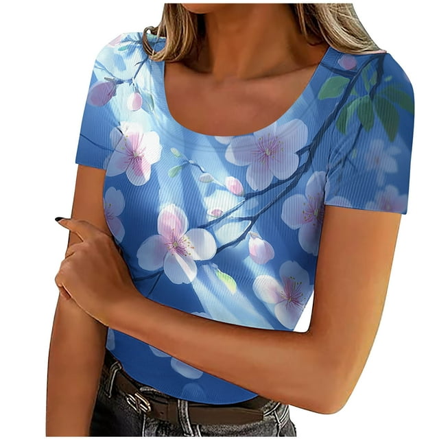 Staron Hauts Tendance pour Femmes 2025 Liquidation à Moins de 5$ Tunique Décontractée à Col Rond Carré Floral Manches Courtes Côtelées T-Shirts Amples d'Été