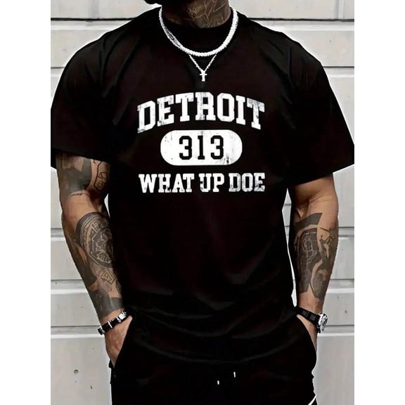 Men's Black Detroit 313 Graphic T-Shirt, 100% Cotton Crew Neck Short Sleeve Casual Tee