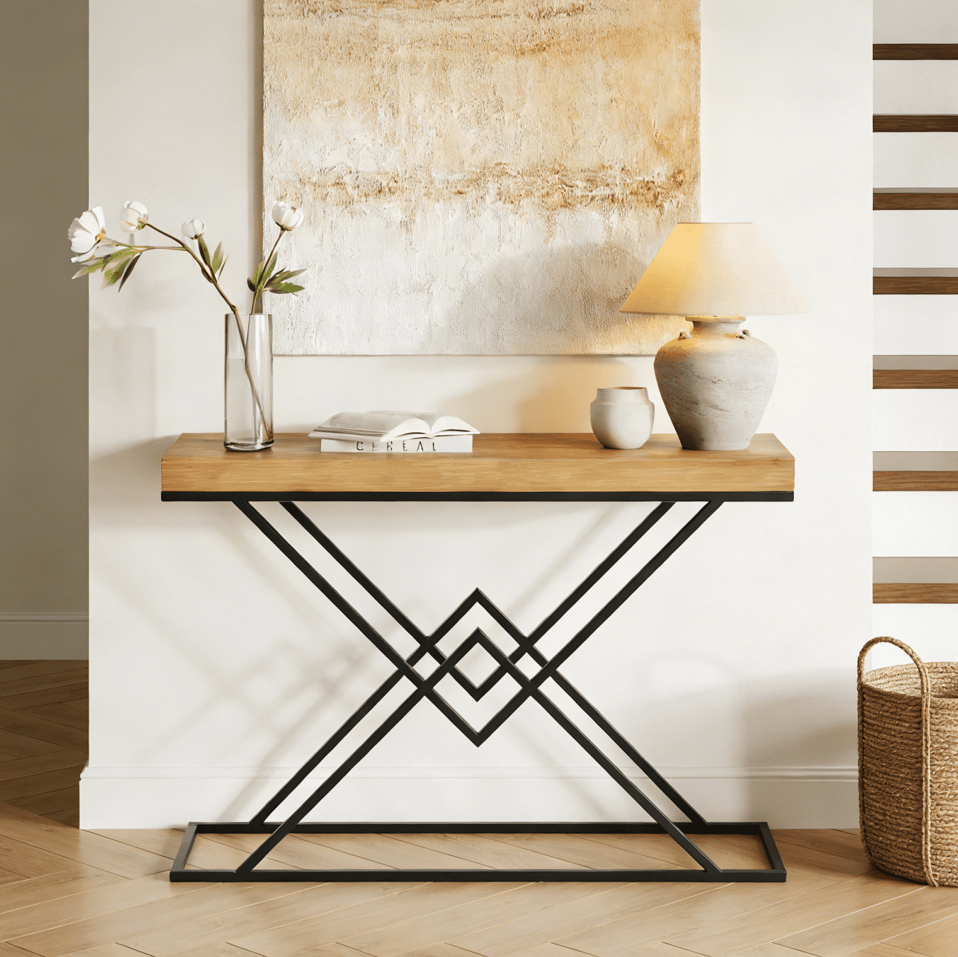 Finmind Solid Wood Console Table, 43.2 inch Modern Industrial Entryway Table with Stylish Geometric Metal Base for Living Room,  Brown& Black