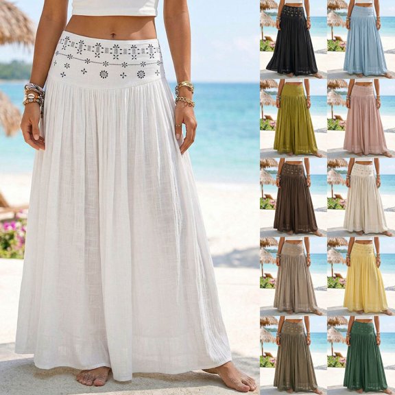 CAIXIA Beach Skirts for Women Plus Size Trendy Color Block Stretchy Spring Summer 2026 High Waisted Cocktail Wedding Long Silk Midi Skirt