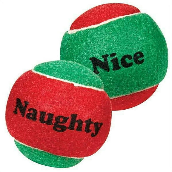 Dog Toy Naughty Nice Holiday Themed Tennis Balls Red Green 2.5" Choose Quantity (2 pack)