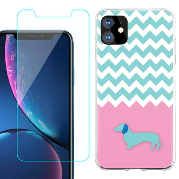 For Apple iPhone 11 Case , Slim-Fit TPU Protective Phone Case with Tempered Glass Screen Protector, by OneToughShield ® - Chevron/Dachshund/Puppy