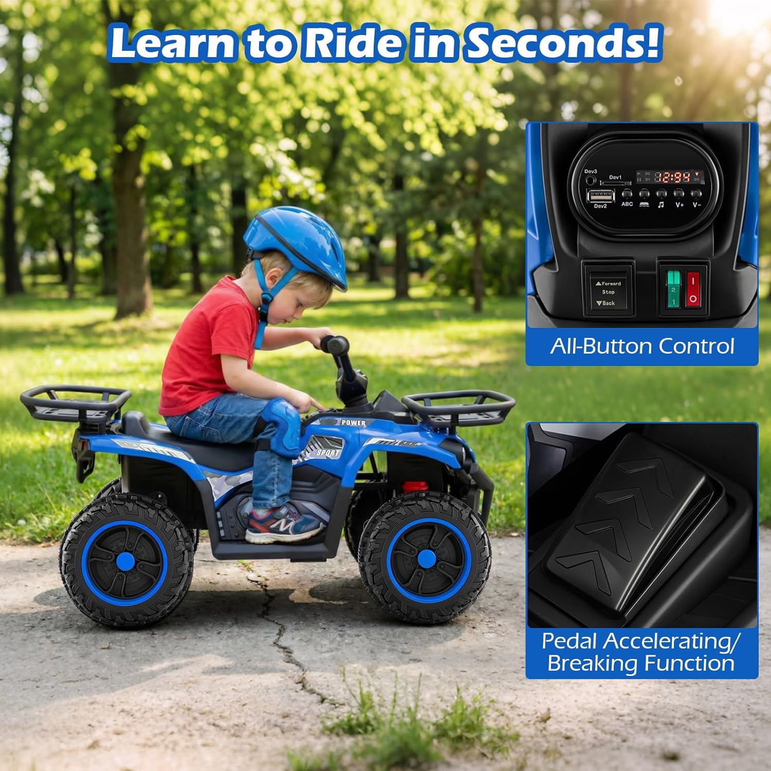 OLAKIDS 12V Kids ATV Quad with 2 Speeds, Spring Suspension, LED Lights, Music & Story Player, Big Tires, 2 Storage Spaces, Ride On Car for Boys Girls Ages 3+