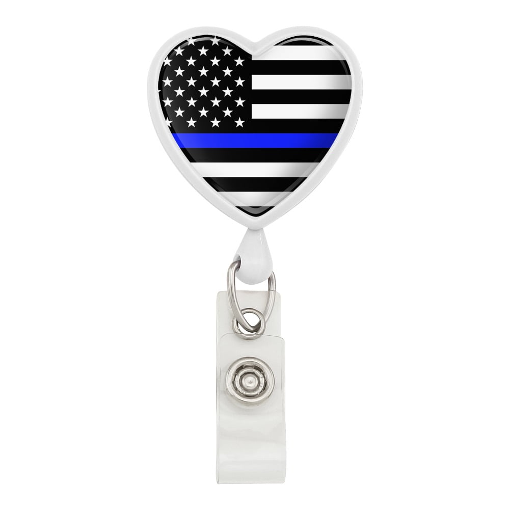 Retractable Reel Badge Key Holder with Belt Clip Thin Blue Line Police 