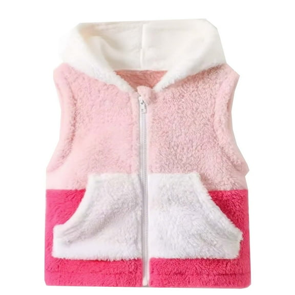 hoksml Kids Plush Fleece Hooded Vest Boys Girls Zipper Sleeveless Jacket Kangaroo Pockets Warm Sherpa Vest for Children 3-13 Years