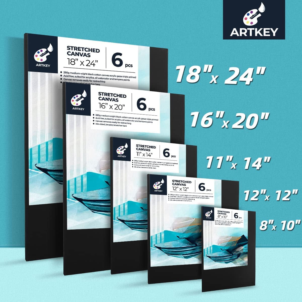 Artkey Black Canvas, 12X12" Stretched Canvases for Painting, 100% Cotton Black Canvas for Kids Adult Paint, 6-Pack