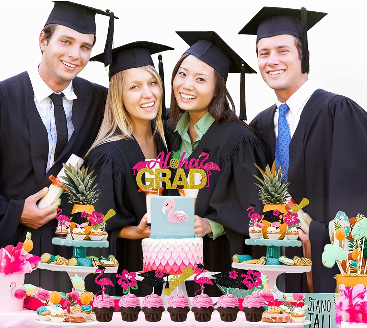 25Pcs Glitter Graduation Cake&Cupcake Toppers, Aloha Grad Cake Decoration Diploma Graduation Cap Design Tropical Themed Graduation Party Supplies College High School Class of 2023
