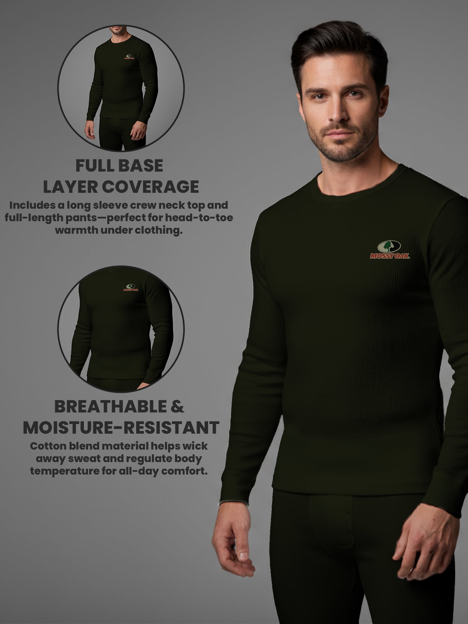Mossy Oak Mens Thermal Underwear Set Insulated Shirt & Long Johns, Forest Night Small