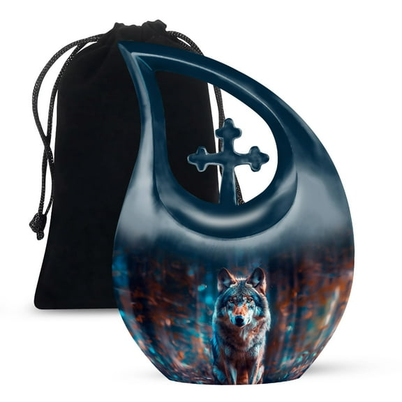 MUKTIVE Forest Wolf Urns for Human Ashes Adult Mom and Dad, Large Memorial Urn for Adult Ashes, (Cross Drop Large, 10 Inch)