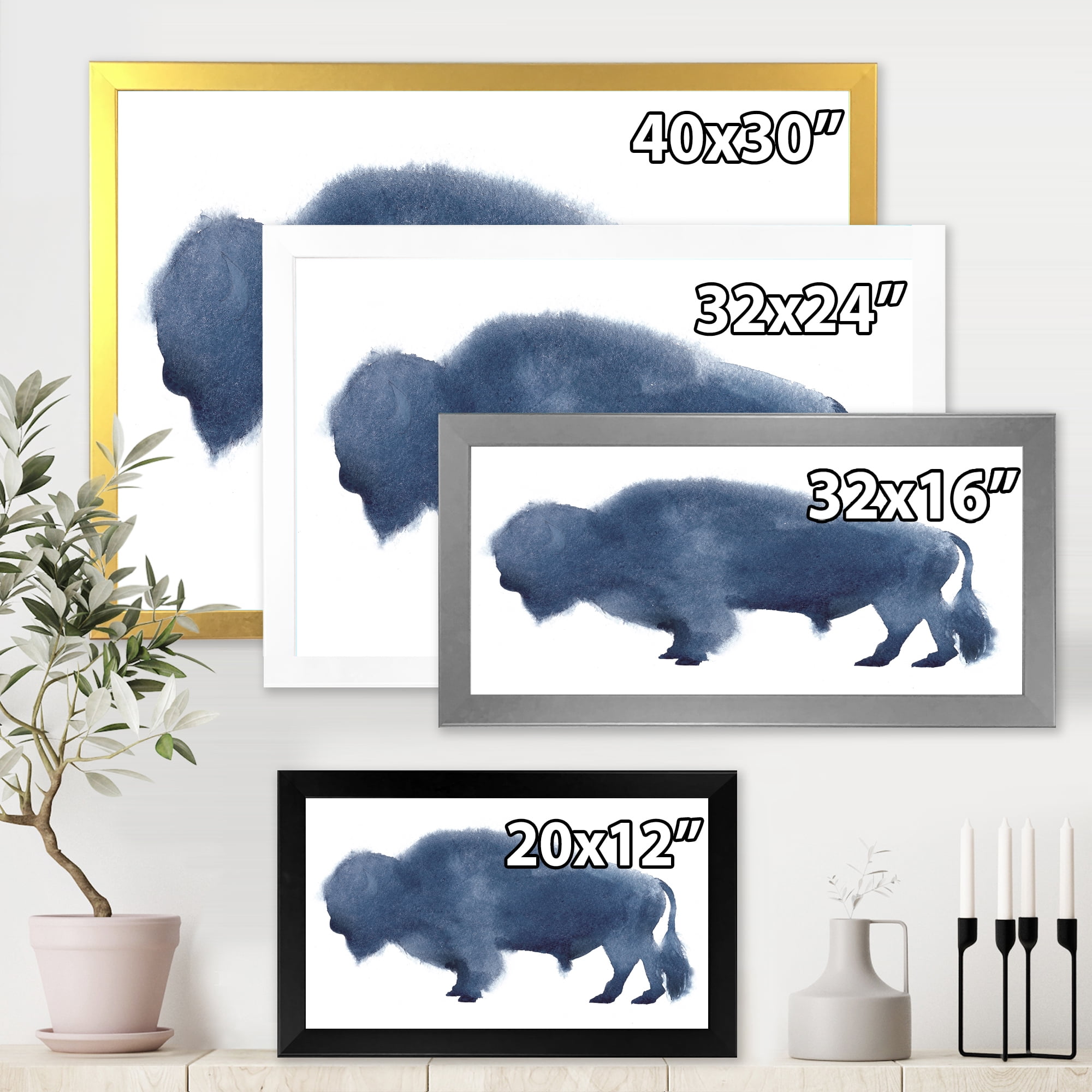 Designart 'Navy Blue Bison Silhouette On White' Farmhouse Framed Art Print