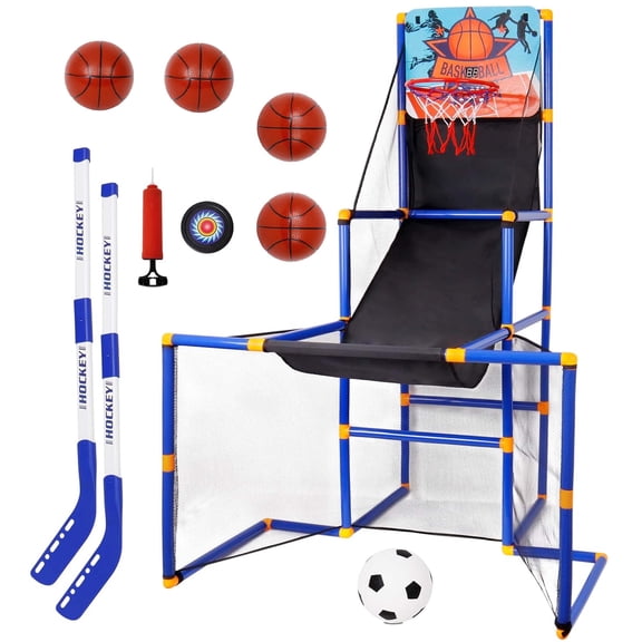 Toddler Basketball Hoop Set, 3-In-1 Arcade Basketball Game Indoor W/ Soccer Goal, Portable Indoor Outdoor Sports Play Toy, Gift for Ages 3-12 Boys Girls Air Pump and 6 Balls Included, 2 Hockey Sticks