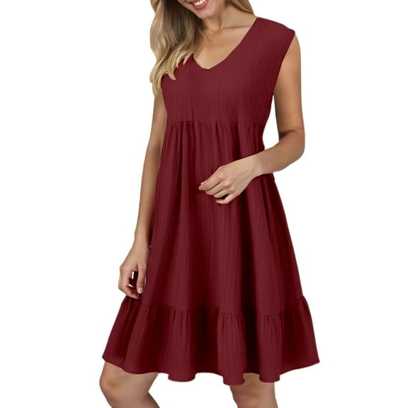 Puliio Summer Dresses for Women Sleeveless V Neck Ruffle Hem Loose Mini Solid Color Casual Beach Dress