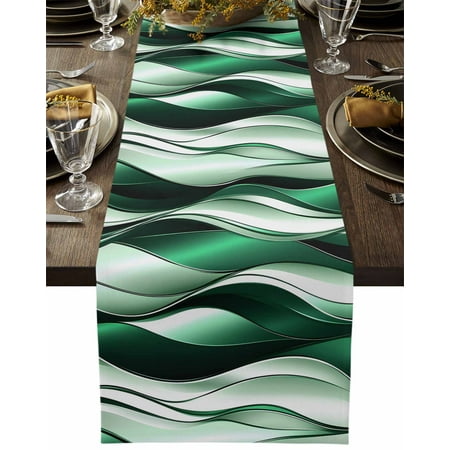 

Abstract Green White Wavy Line Table Runners 13x36 Inches Long Linen Burlap Table Runner Ombre Stripe Seamless Table Cover Dresser Scarf for Kitchen Dining Holiday Party Wedding Gathering