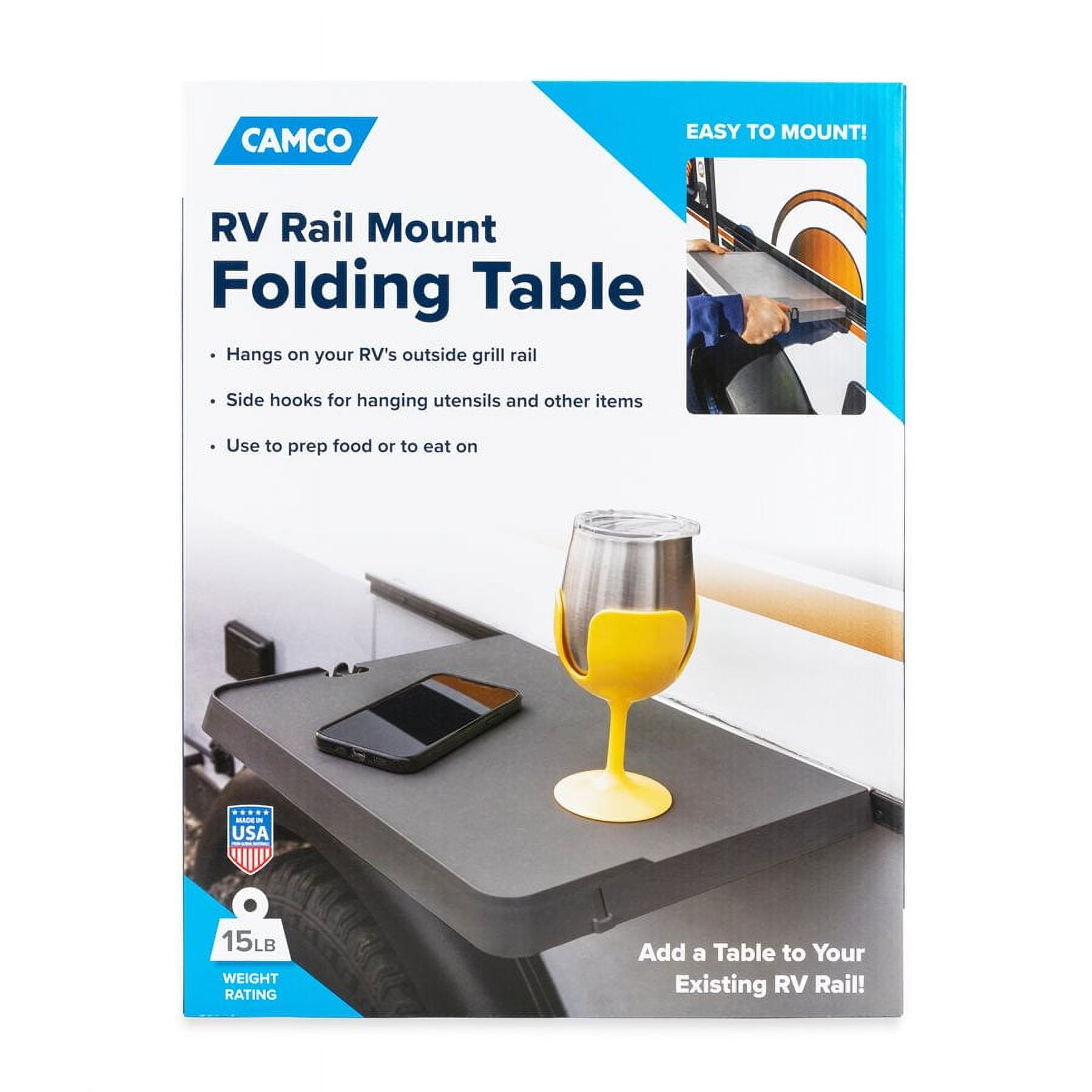 Camco Camper/RV Rail Mount Table | Features Hook and Holes for Hanging Grill Utensils & Measures 16 13/16-Inches Wide x 12 11/16-Inches Deep (58175)