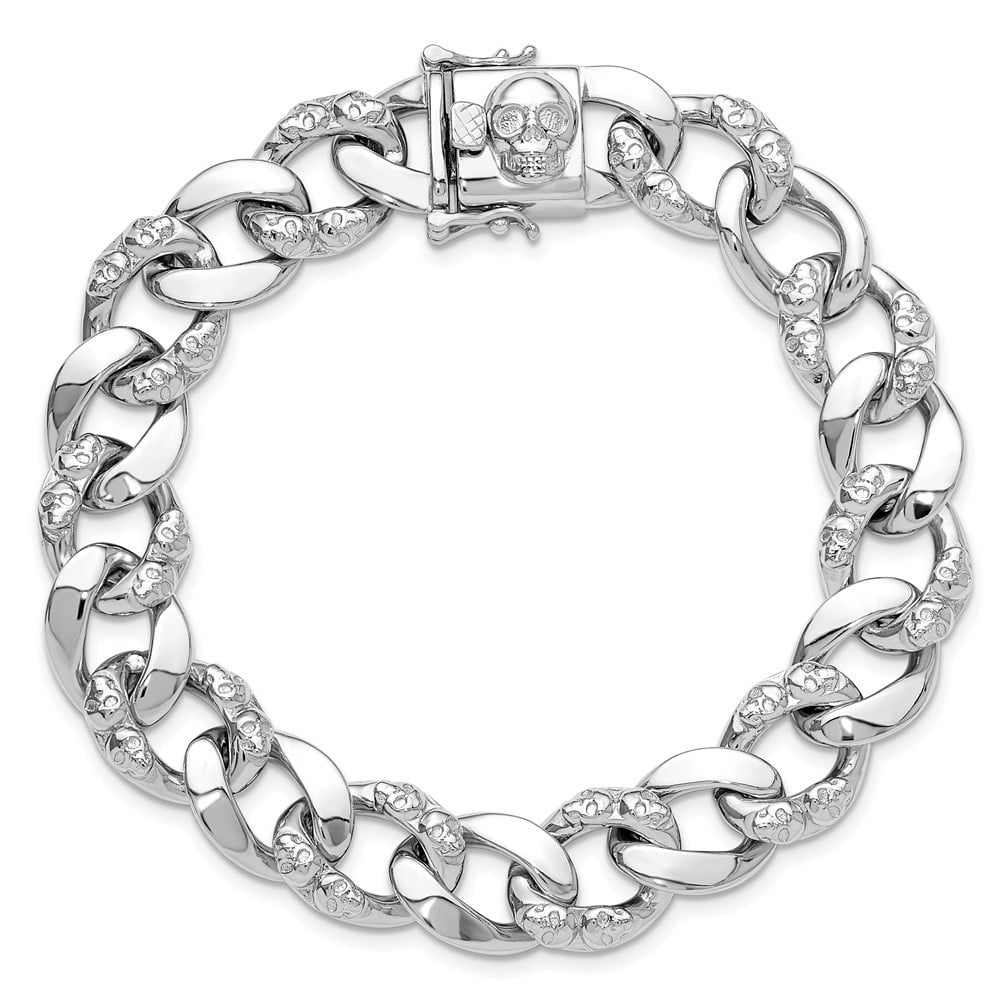 Diamond2Deal 925 Sterling Silver Rhodium-plated 12mm Skull Curb Link Bracelet for Men 8.25"