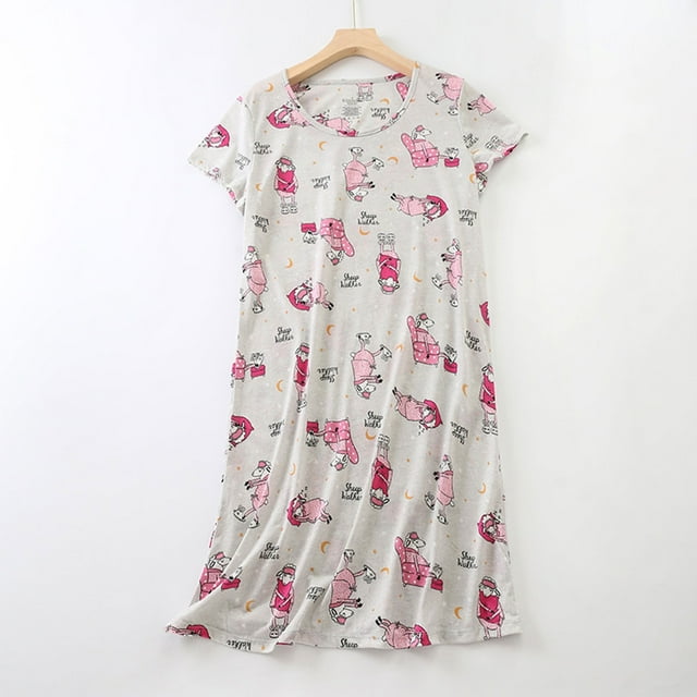 Pyjama en Coton pour Femmes, Nuisette Grande Taille Vêtements Tricotés Doux à Manches Courtes Col Rond, Beige P-TG,