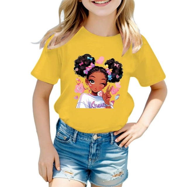 MEZZALL T-Shirt Graphique Mignon pour Fille, Col Rond, Manches Courtes, Tee d'Été Décontracté, T-Shirts Hauts, Jaune, 11-12 Ans