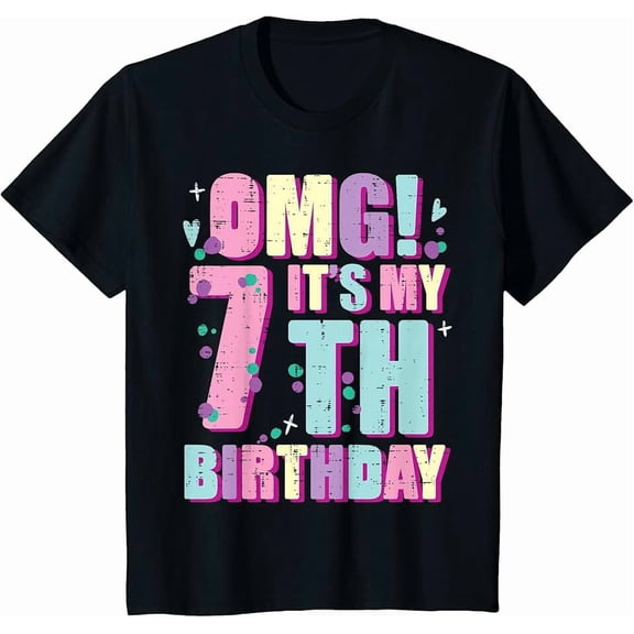 children’s wear OMG! It's My 7th Birthday Retro Colorful Graphic T-Shirt, Cute Seventh Birthday Party Celebration Outfit for Kids Girls and Boys