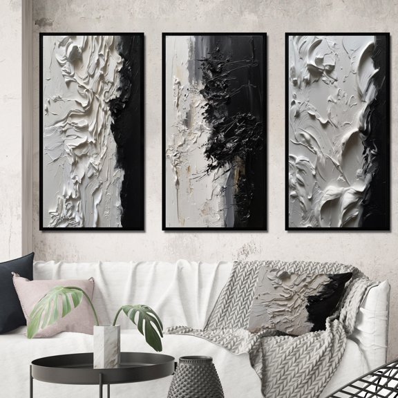 Designart "Tranquility Unleashed White and Black III" Abstract Marble Framed Wall Art Set Of 3 - White Marble Frame Gallery Set For Office Decor