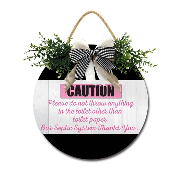 Farmhouse Bathroom Wall Decor - Rustic Framed Round Wooden Sign - Vintage Decoration for Toilet Washroom Restroom - 12 x 12 inch (Caution Please Do Not Throw Anything)