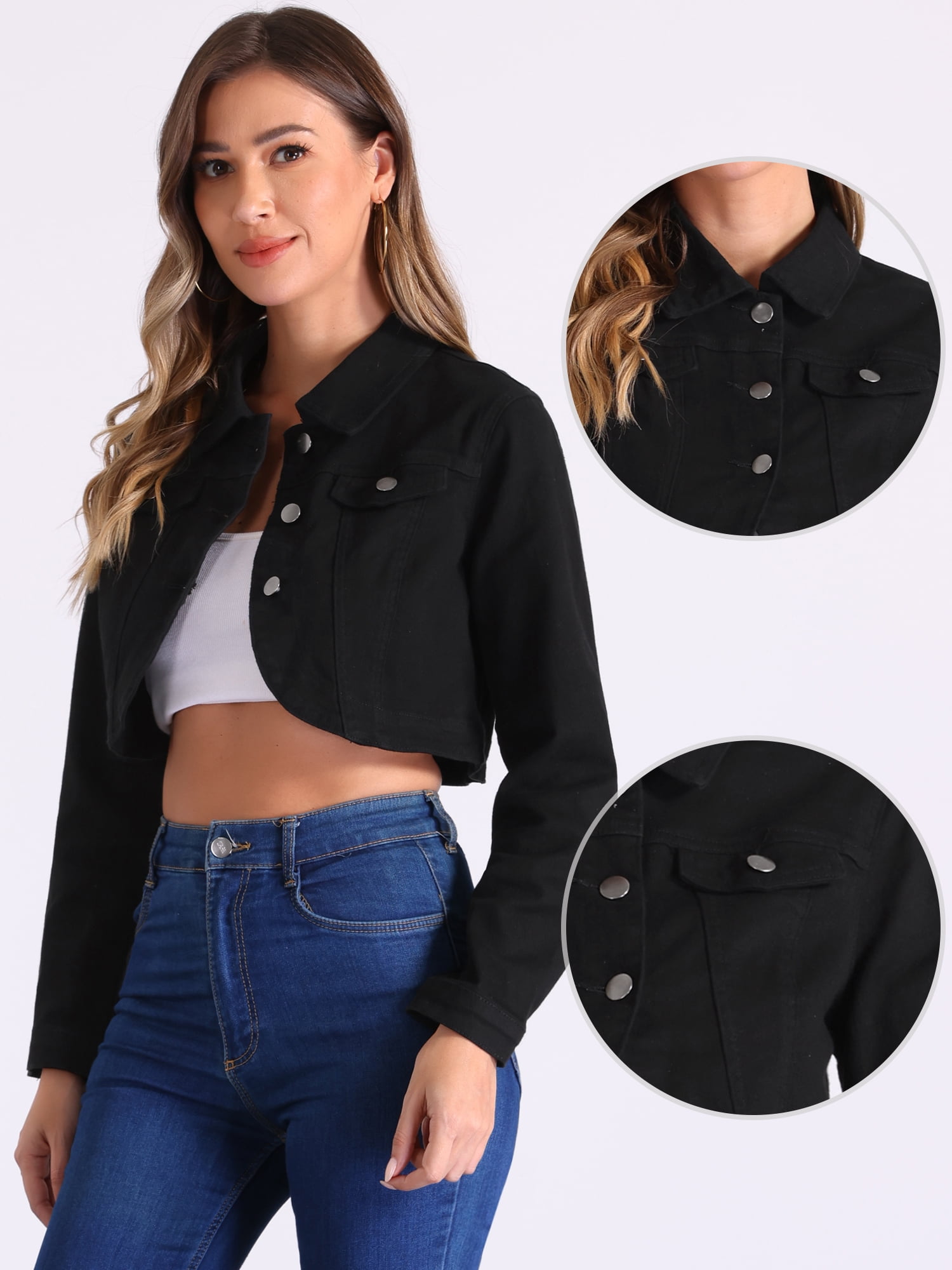 DARING DIVA Women's Denim Jacket Collared Long Sleeve Crop Jean Jackets L Black