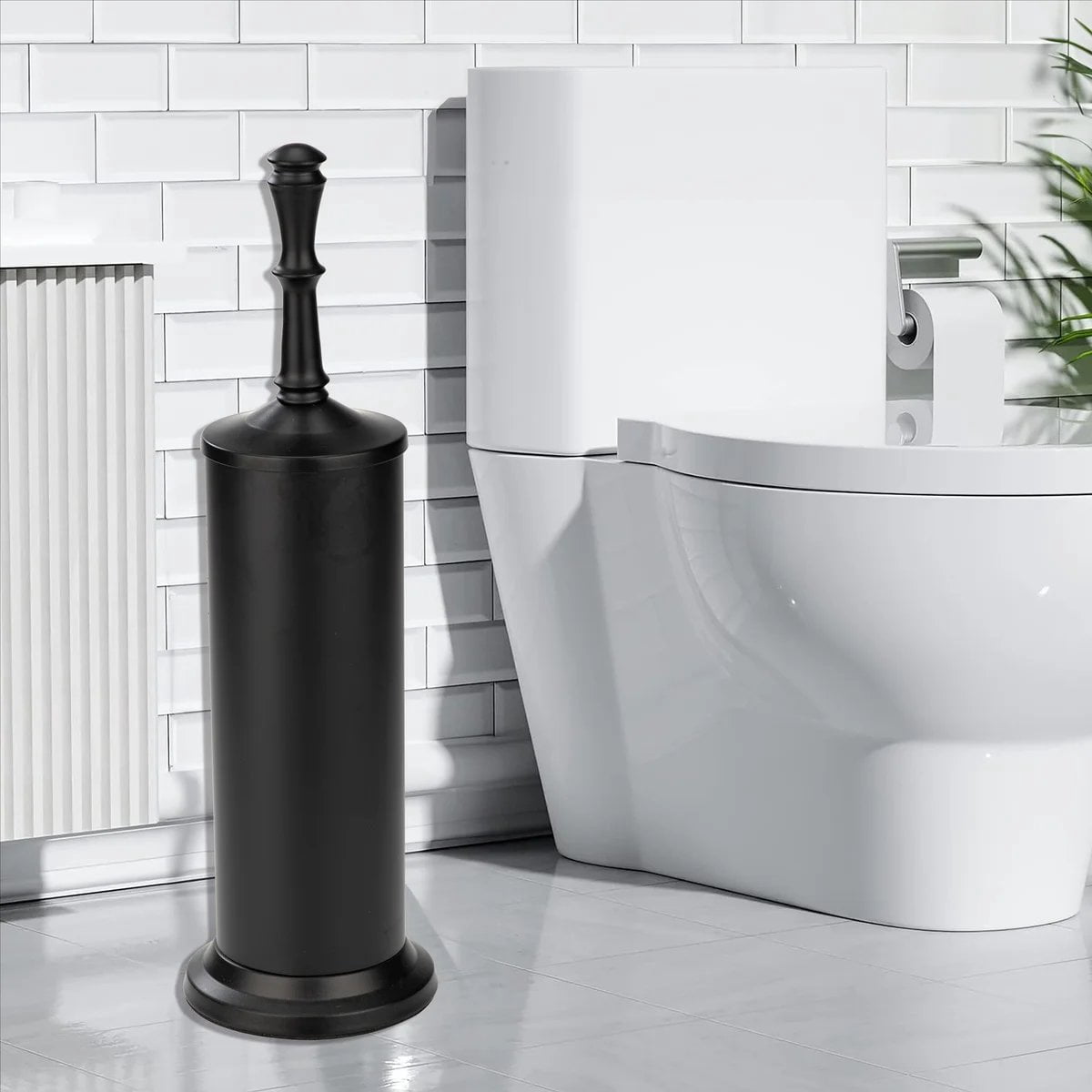 J&V TEXTILES Indsutrial Toilet Brush, Toilet Bowl Brush with Extra Long Handle Durable Bristles Toilet Scrubber and Covered Holder for Toilet Brush Set Matte Black