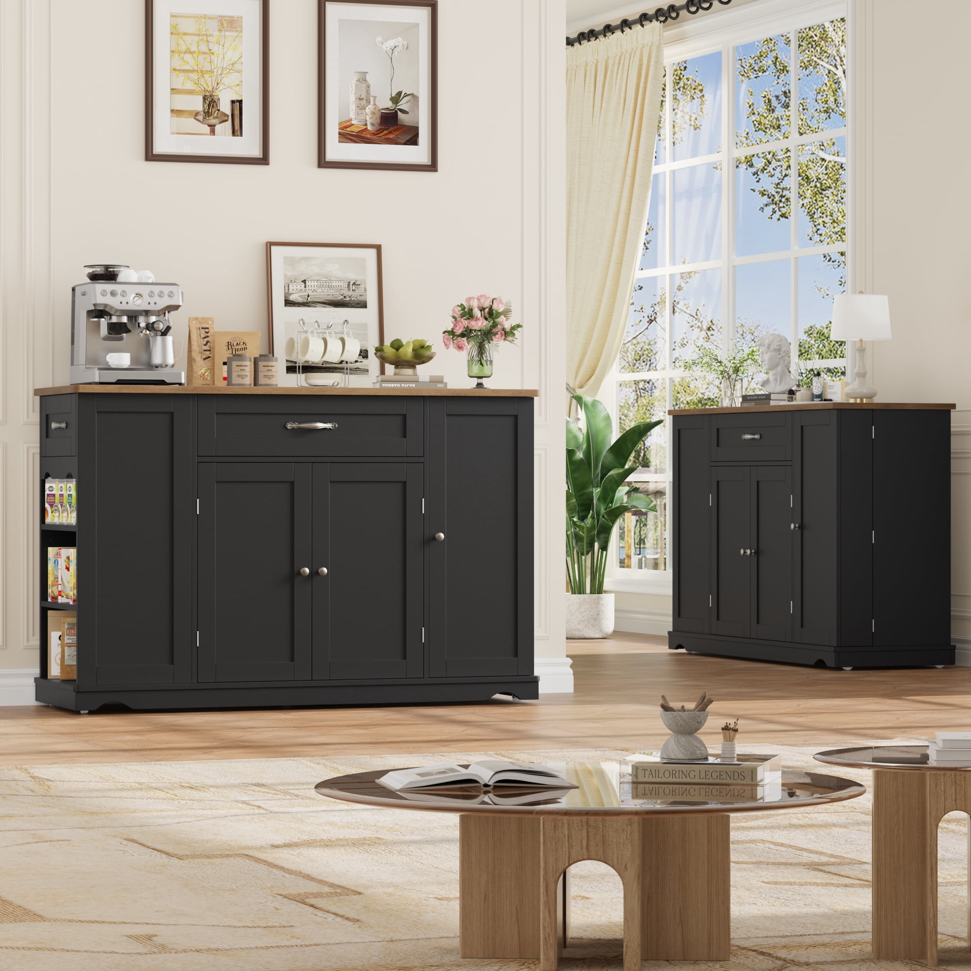 Homfa Kitchen Island with Wheels & Adjustable Shelf, 2 Drawer Modern Buffet Cabinet Sideboard Coffee Bar for Dining Room Living Room, Black