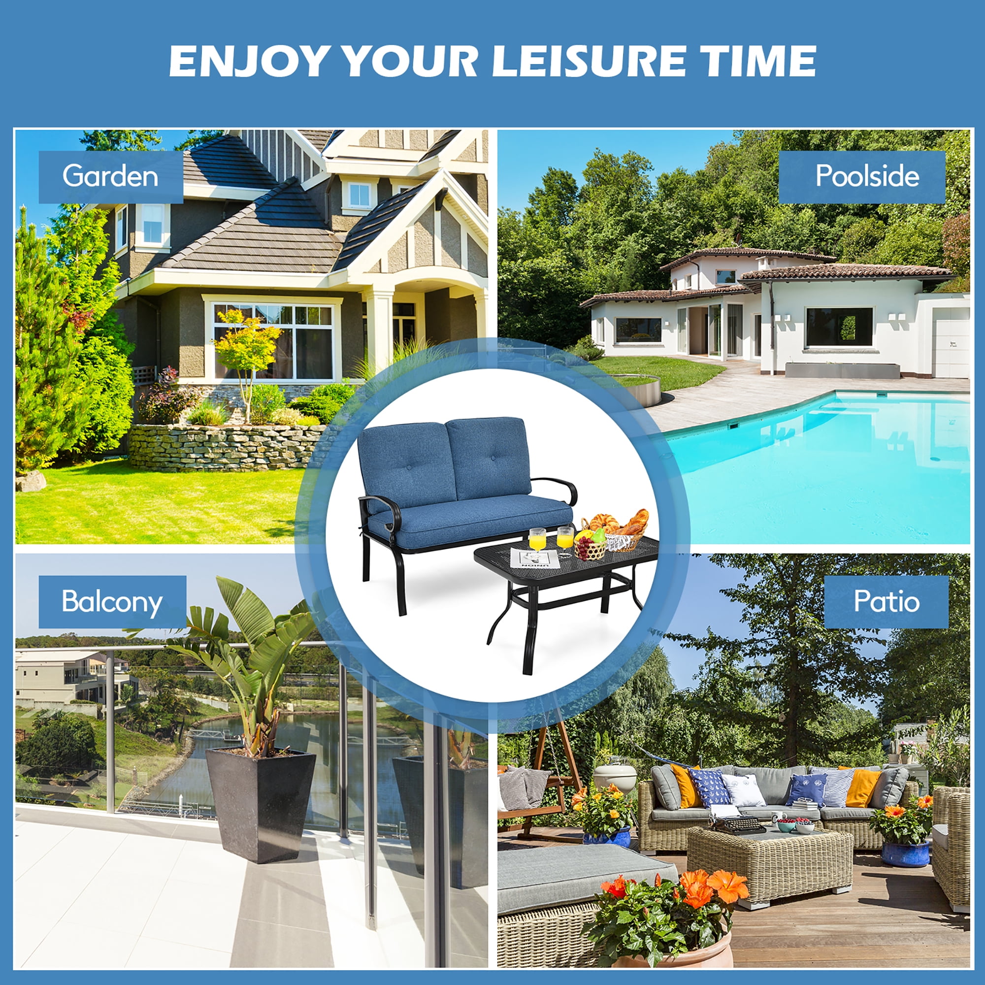 Costway 2PCS Patio Loveseat Bench Table Furniture Set Cushioned Chair Blue