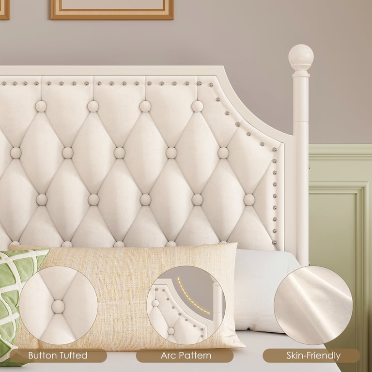 Homfa Queen Canopy Bed with Storage Drawers and Velvet Headboard, Beige photo 4