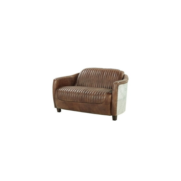 HomeStock Victorian Virtue Loveseat, Retro Brown Top Grain Leather & Aluminum