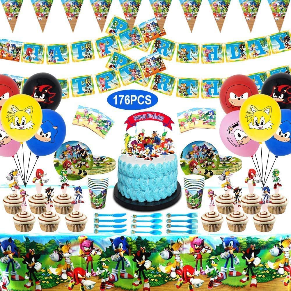 Straws Tablecloth Pack Set for Kids Boy Napkins Plates Banner Flatware Balloon Cake Toppers Sonic Party Favor Decorations Birthday Party Supplies Cups 